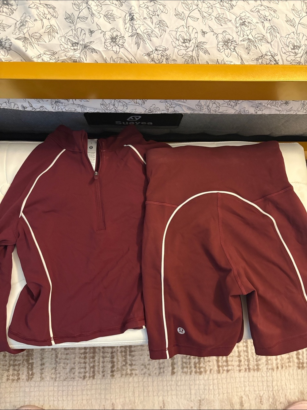 lululemon athletica Maroon / White 1/4 Zip Top & Biker Shorts Set
